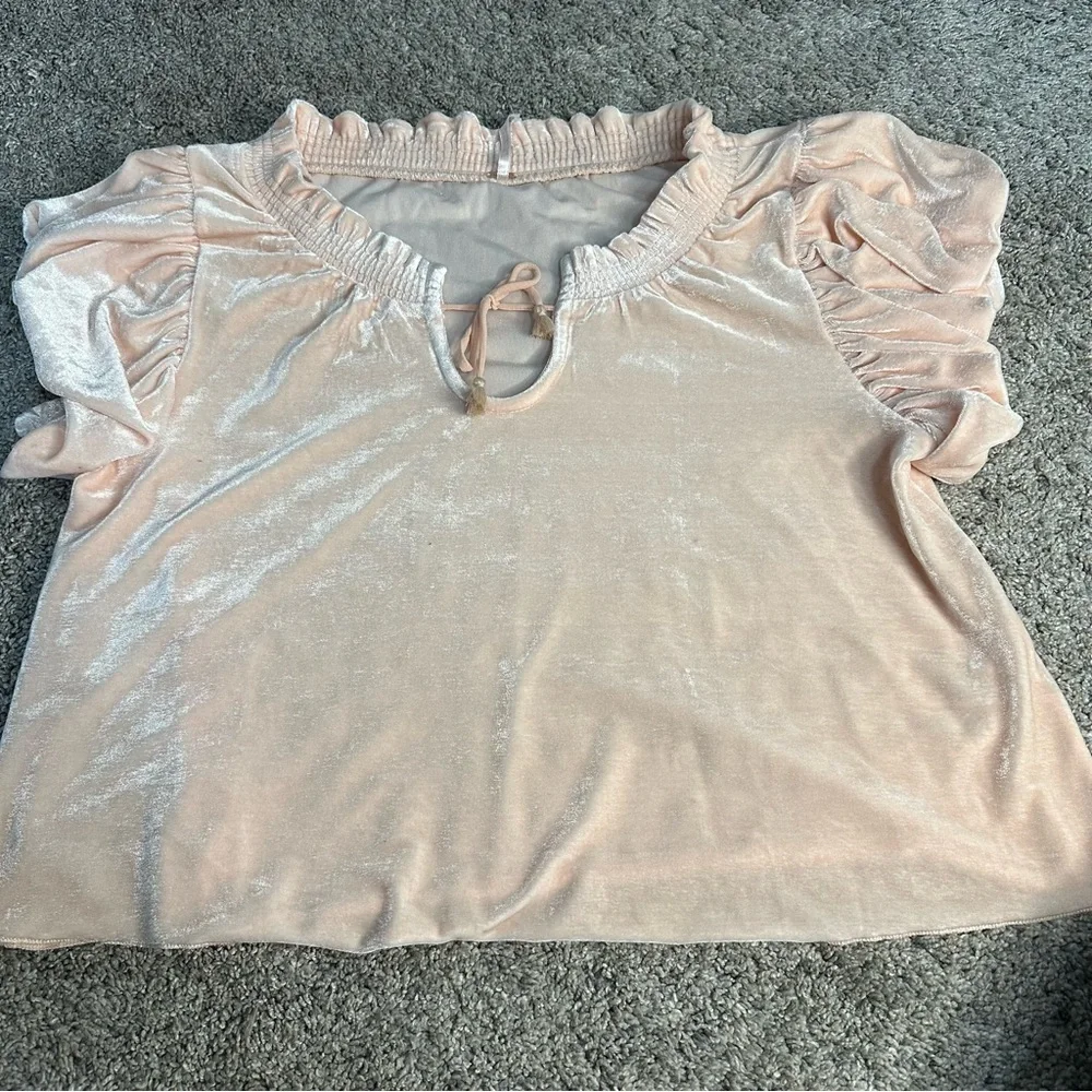 Free People Terese Velvet Top XS velour light pink ruffle puff smock Tee